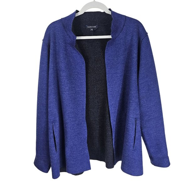 Eileen Fisher Wool Open Front Jacket L Purple/Gray Reverse Seam Pockets Office - Picture 1 of 7